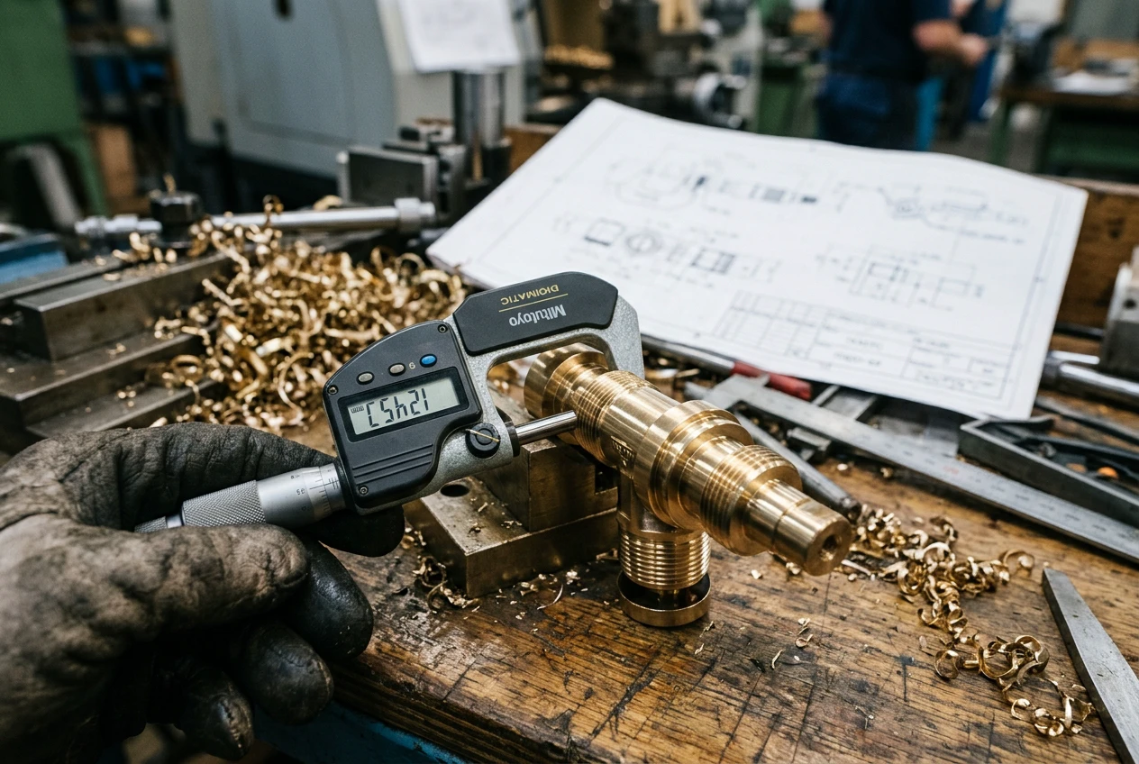 Precision inspection at Brasstech — digital micrometer measuring a machined brass component